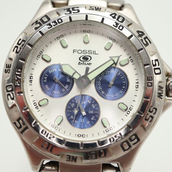 Fossil Blue Panda 40mm Watch 24 Hour Calendar Steel Bracelet BQ8775 New Battery - Picture 6 of 12
